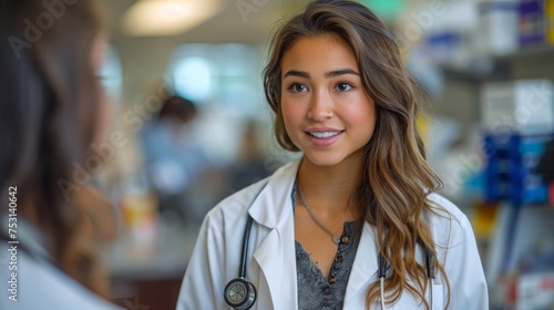 Step into the world of healthcare with this engaging image. A young woman in a white lab coat stands in a well-organized doctor's office, engaging in a conversation 