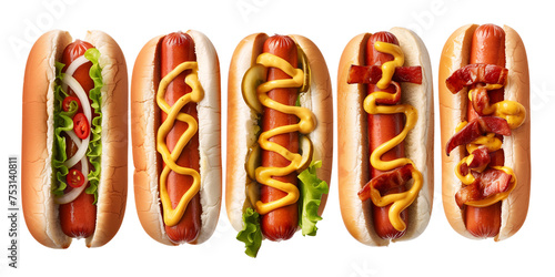 A sets of the delicious hot-dog with a variety of toppings.
