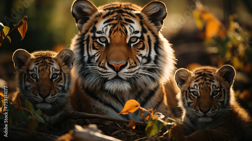 an adult tigress surrounded by two tiger cubs. photo