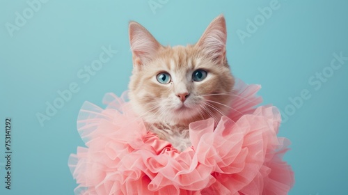 Beautiful majestic portrait of a cute cat wearing a frill on its neck with copyspace for text