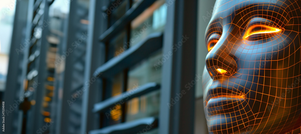 orange 3d mesh of a persons face, representing biometrics, cyber security and facial recognition software, with copy space - obrazy, fototapety, plakaty 