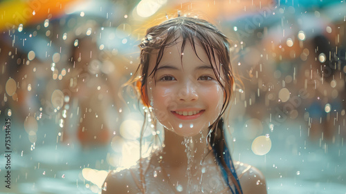 Cute girl splash water on Songkran Day, Thailand,generative ai