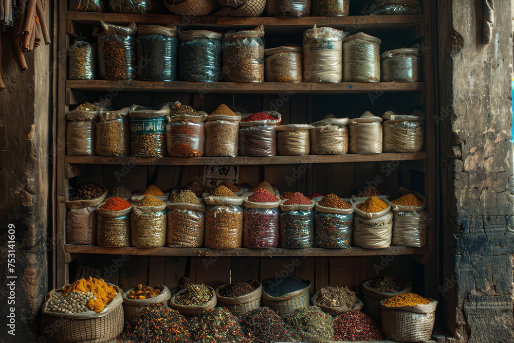 Bowls and jars of various colorful spices displayed on shelves in a rustic setting at a traditional spice market.