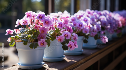 Pink violets in white flower pots on the windowsill