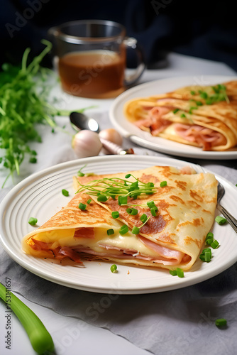 Filling Savory Crepe Served on a Rustic Kitchen Table: Immersing in the Delightful World of Traditional French-Cooking
