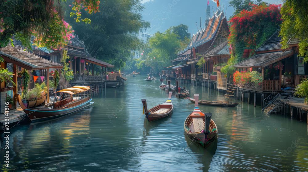 Obraz premium Traditional wooden boats floating by stilt houses in a peaceful waterfront village against a backdrop of lush mountains..