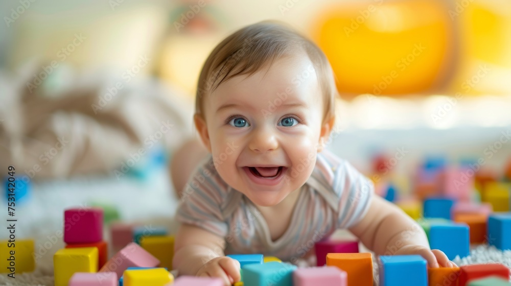 Fototapeta premium Portrait of a happy baby child among colorful cubes on a bright background
