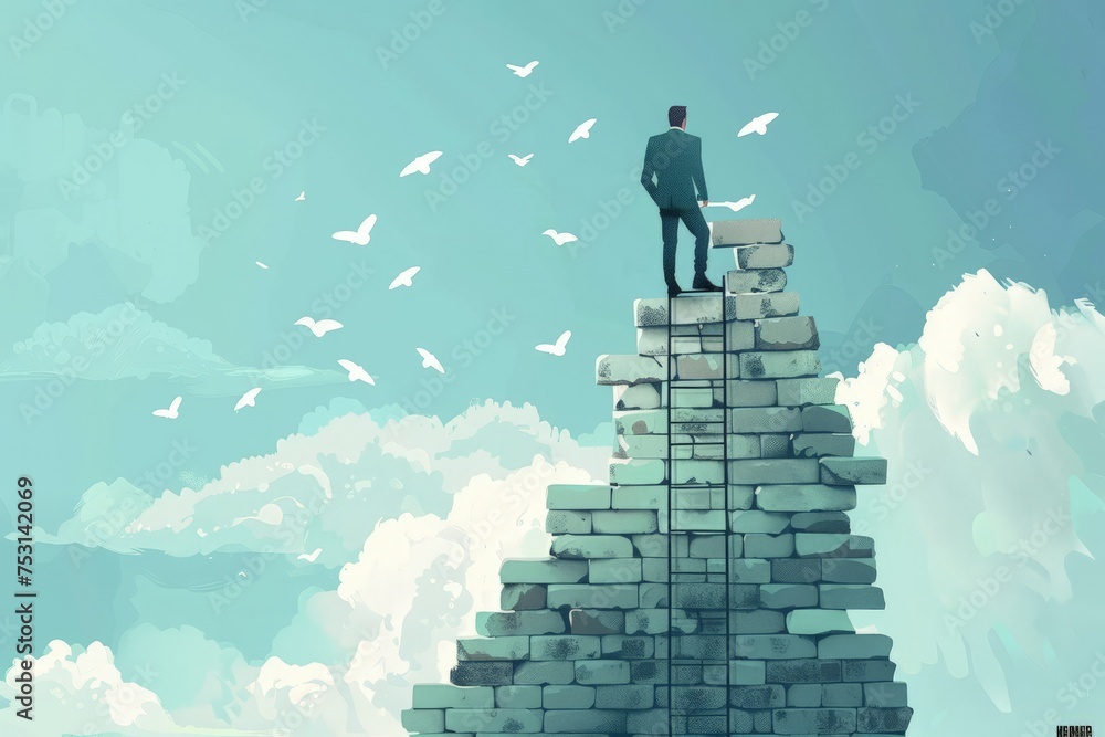 A man in business attire stands confidently on top of a tall pile of bricks, symbolizing overcoming obstacles with determination.
