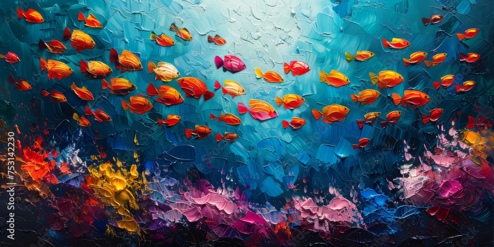 An abstract oil painting featuring a school of colorful tropical fish swimming in a vivid, textured underwater scene..