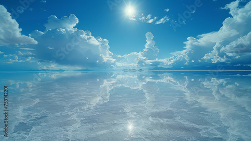 The Uyuni Salt Flats in Bolivia create a perfect mirror reflection of the sky and clouds on the ground, under the bright sun..
