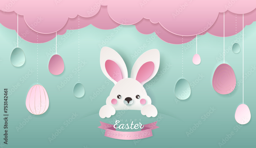 Happy Easter day wallpaper or banner with papercut bunny. Happy Easter day wallpaper or banner with papercut bunny.