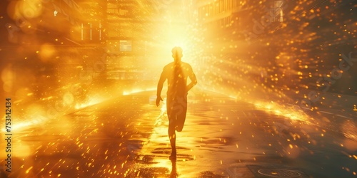 A determined man races towards success as golden evening rays illuminate him. Concept Success, Determination, Achievement, Golden Hour, Running