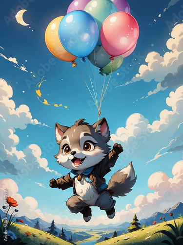 Petite wolf flying with balloons against a blue sky backdrop.