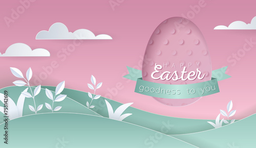 Happy Easter day wallpaper or banner with papercut egg. Beautiful paper cut eastern elements. Vector illustration for sale, product display, easter festival design, presentation, greeting card.