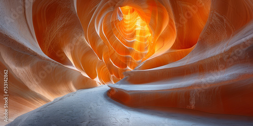 Sunlight filters through the smooth, wave-like sandstone walls of Antelope Canyon, creating a warm, glowing effect..