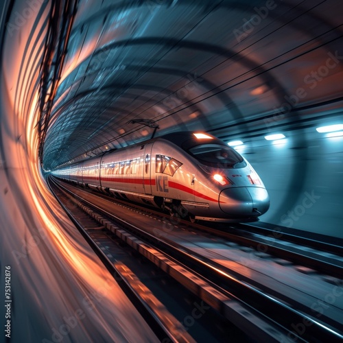 Silver high-speed train speeds through the tunnel, Rembrandt Lighting, Electrical.