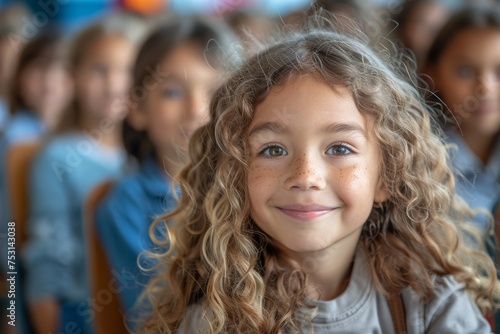 A young girl with freckles and curly hair smiling warmly, with a classroom of peers softly focused in the background