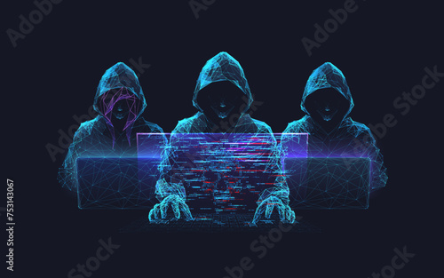 A cyber attack or Cybersecurity concept. Abstract digital hacker teams are hacking system. Polygonal conception of fraud and internet criminal. Vector 3D illustration. Technology futuristic background photo