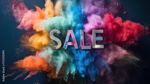 A vibrant explosion of colored powder forms the word "SALE"