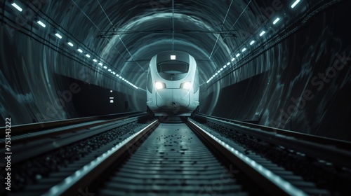 High speed train running inside a dark tunnel, headlights on, cables on top of the train, two parallel railway tracks of equal size, high quality photograph taken with medium format camera.