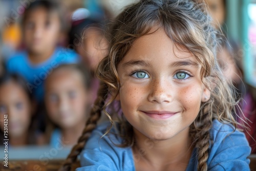 Smiling young girl with blue eyes and pigtails in a colorful classroom environment