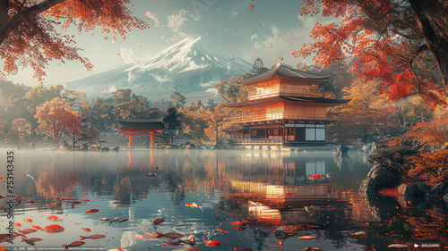 Serene Japanese temple with Mount Fuji, koi, sakura.generative ai © Suralai
