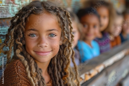 A young girl with braided curly hair posing near a rustic wooden wall with peers behind © familymedia