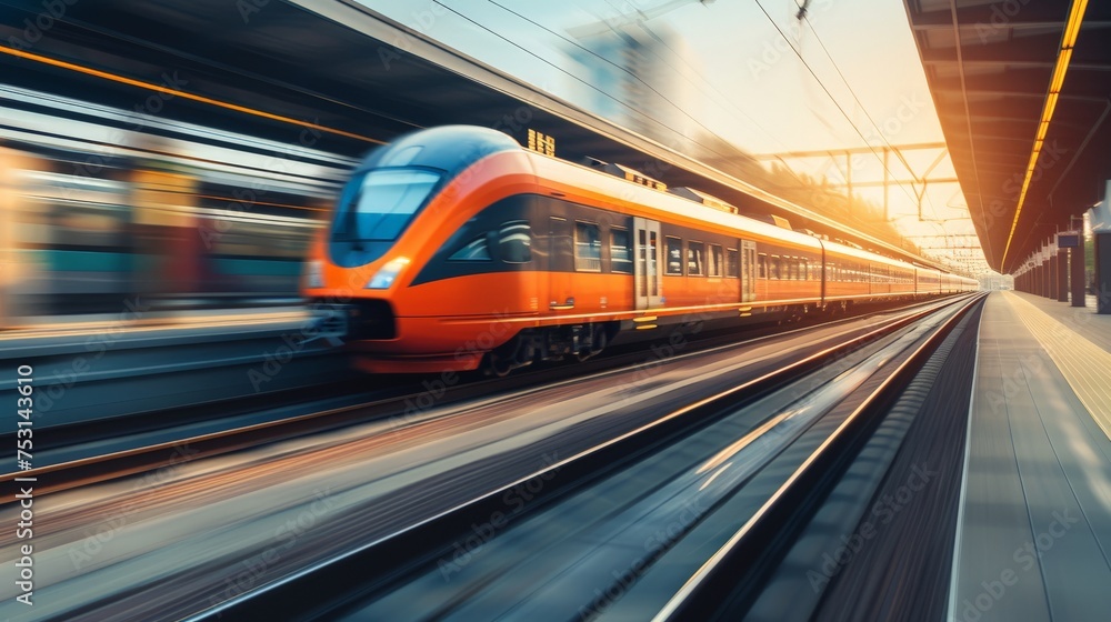 High speed orange train in motion on the railway station at sunset. Modern intercity passenger train with motion blur effect on the railway platform. Industrial. Railroad in Europe. Transport. High speed orange train in motion on the railway station at sunset. Modern intercity passenger train with motion blur effect on the railway platform. Industrial. Railroad in Europe. Transport.