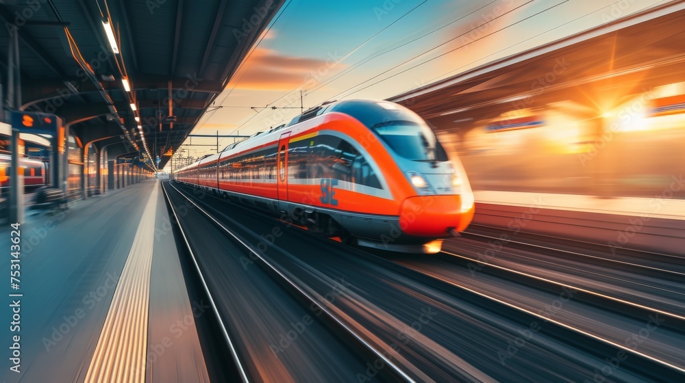 High speed orange train in motion on the railway station at sunset. Modern intercity passenger train with motion blur effect on the railway platform. Industrial. Railroad in Europe. Transport. High speed orange train in motion on the railway station at sunset. Modern intercity passenger train with motion blur effect on the railway platform. Industrial. Railroad in Europe. Transport.