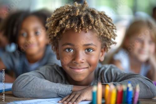 Cheerful boy with curly hair resting chin on hands with pencils nearby © familymedia