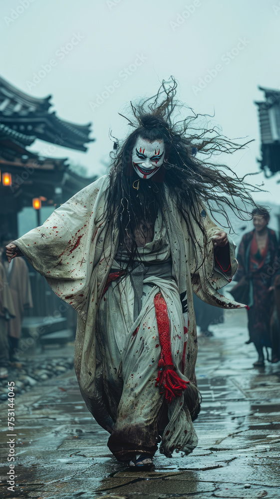 Man dances eerily in Japanese village, mask and kimono.generative ai