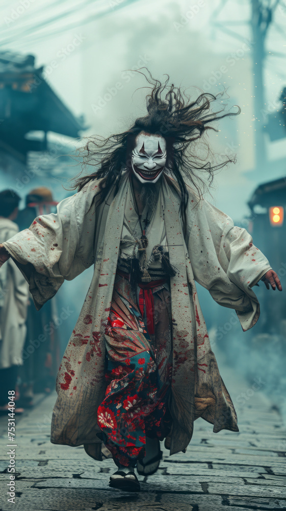 Man dances eerily in Japanese village, mask and kimono.generative ai