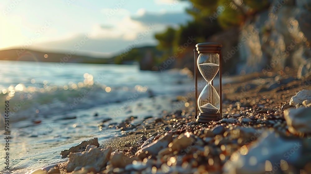Hourglass in the dawn time. Sand passing through the glass bulbs of an hourglass measuring the passing time as it counts down to a deadline or closure on a sunset. AI generated illustration - obrazy, fototapety, plakaty 