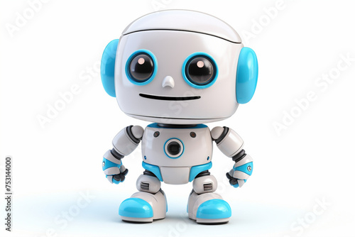 Delightful cartoonish robot toy, standing against a pure white canvas, ready for imaginative adventures.