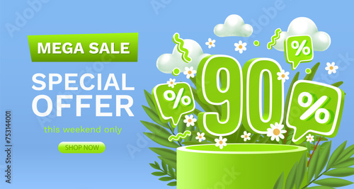 Spring sale offer 90 percentage, flyer save season. Vector illustration