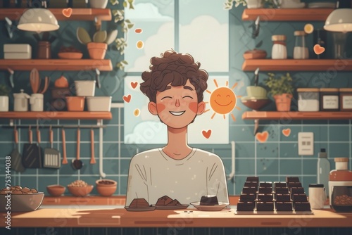 Happy children dream of sweet products. A cheerful boy and flying chocolates and candies around him. illustration