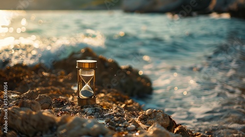 Hourglass in the dawn time. Sand passing through the glass bulbs of an hourglass measuring the passing time as it counts down to a deadline or closure on a sunset. AI generated illustration