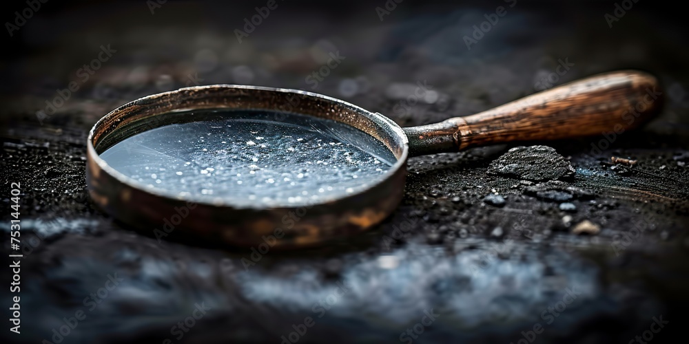 An old magnifying glass rests lonely on the floor, its aged frame telling stories of times gone by and discoveries made. Discarded fogged glass magnifying glass. - obrazy, fototapety, plakaty 