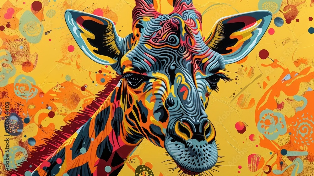 A vivid portrait of a giraffe with a stylized design and abstract, splashy background in yellow and orange tones.