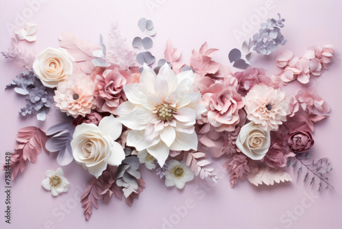 Paper flowers on pink background. Flat lay  top view  copy space