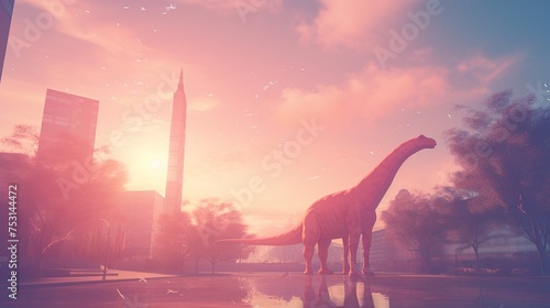 A shy cute dinosaur exploring a modern city a gentle giant photo