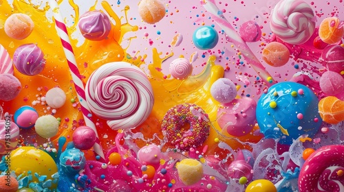 Vibrant and dynamic explosion of colorful candies and sweets, ideal for a playful and sweet background.