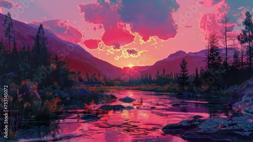 A stunning pink sunset casts a reflective glow over a serene mountain river landscape  embodying peace and natural beauty.