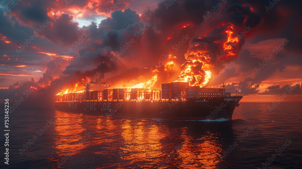 fire is burning large cargo ship while traveling to deliver goods at sea during sunset,generative ai fire is burning large cargo ship while traveling to deliver goods at sea during sunset,generative ai