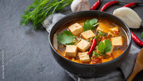 Bowl of spicy tofu soup. Tasty Korean dish. Traditional Asian food.