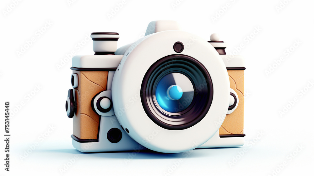 Delightful cartoonish camera with big eyes and a happy smile, ready to capture memories and smiles against a bright white background, promising snapshots of joy.