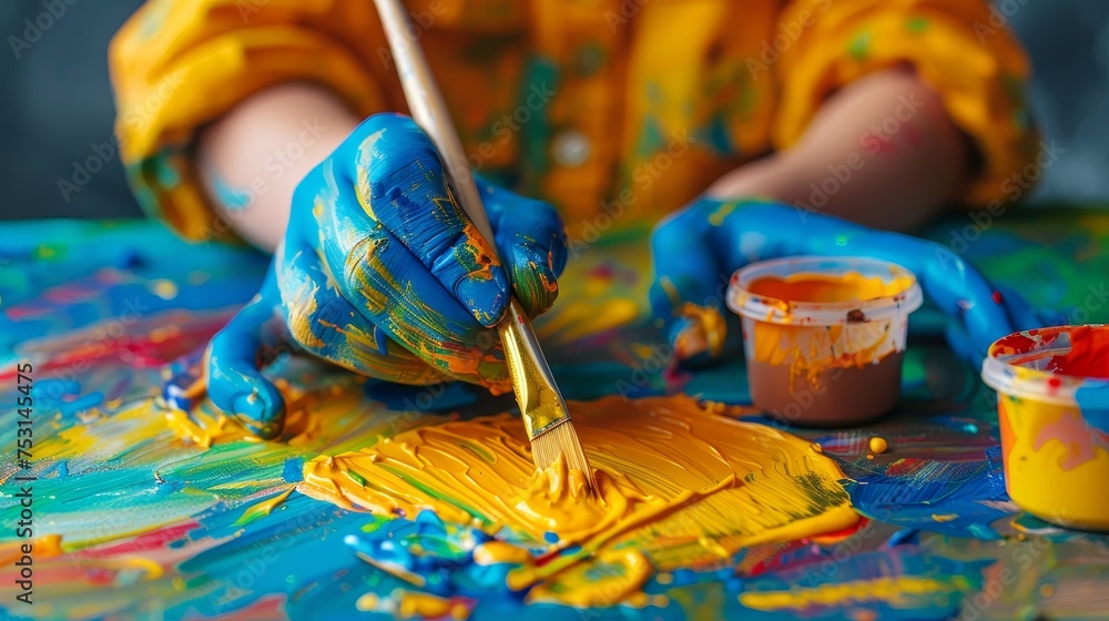 Fototapeta premium Child's hands covered in vibrant paints, creating abstract art on paper, showing creativity and tactile learning.