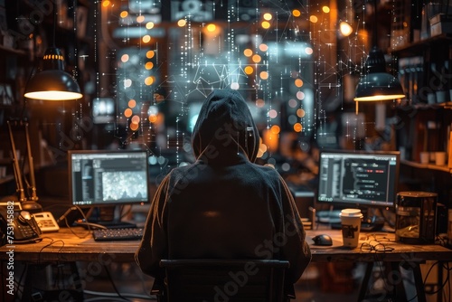 A mysterious hoodie-clad person engages in digital tasks, surrounded by screens with an overlay of a digital interface