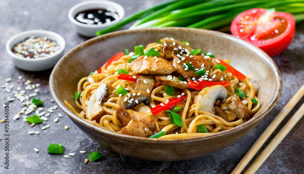 Stir fry noodles with chicken slices, red paprika, mushrooms, soy sauce and sesame seeds. Asian dish. Stir fry noodles with chicken slices, red paprika, mushrooms, soy sauce and sesame seeds. Asian dish.