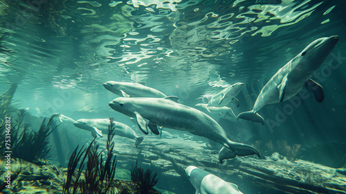 Underwater landscape with a pod of beluga whales